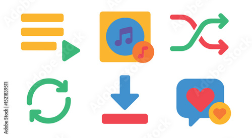 Flat vector icons of music streaming: play queue, playlist, album cover, shuffle, repeat, download, like, comment.
