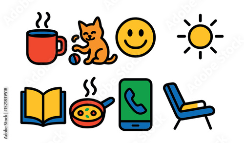 Flat vector icons of joyful daily moments: morning coffee, pet playing, smiley face, sunshine, reading book, cooking meal, phone call, relaxing chair.
