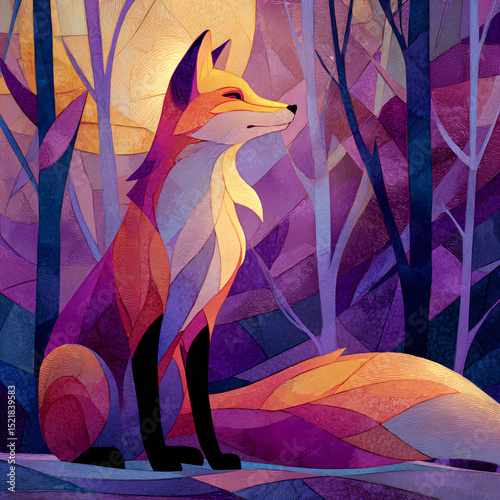 Vivid mural-style painting of a fox in a stylized forest
