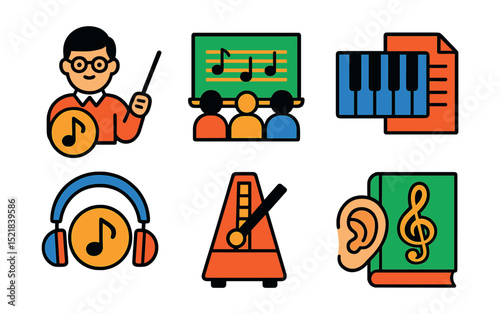 Flat vector icons of music education: music teacher, classroom, piano keyboard, sheet music, headphones, metronome, ear training, music theory book.