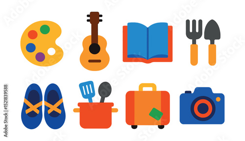 Flat vector icons of happiness in hobbies: painting palette, guitar, book, gardening tools, dancing shoes, cooking utensils, travel bag, camera.