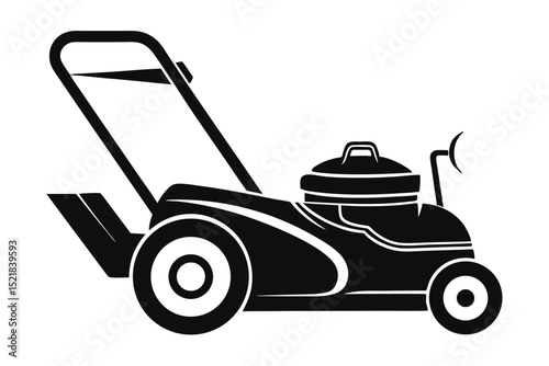 Black Silhouette Illustration of a Lawn Mower With Handle and Grass Catcher