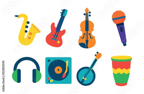 Flat vector icons of music genres symbols: jazz saxophone, rock electric guitar, classical violin, pop microphone, hip-hop headphones, electronic DJ turntable, country banjo, reggae drum.