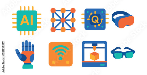 Flat vector icons of high-tech tools: AI processor, neural network grid, quantum chip, VR headset, robotic hand, smart sensor, 3D printer, augmented reality glasses.