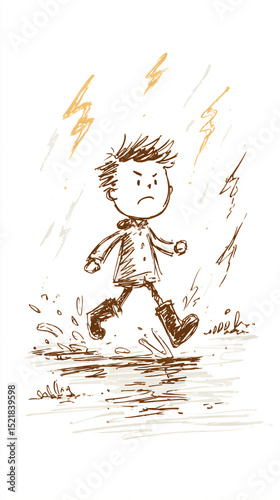 Childlike drawing of an angry person stomping with lightning