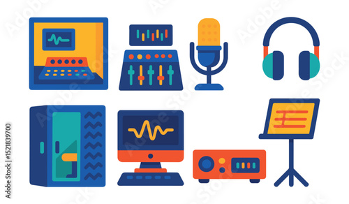 Flat vector icons of recording studio: control room, mixing desk, studio microphone, headphones, soundproof booth, computer, audio interface, music stand.