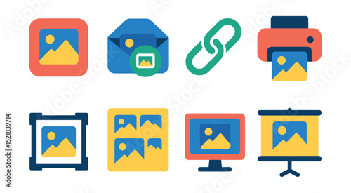 Flat vector icons of photo sharing: social media, email attachment, link sharing, print, photo frame, gallery wall, online portfolio, slideshow.