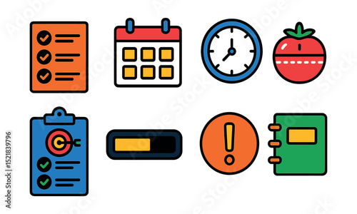 Flat vector icons of productivity tools: to-do list, calendar, time tracker, Pomodoro timer, goal checklist, progress bar, task priority icon, planner notebook.