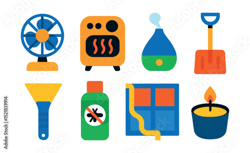 Flat vector icons of seasonal household items: portable fan, heater, humidifier, snow shovel, ice scraper, insect repellent, window insulation kit, citronella candle.