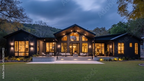 Exterior view of a modern dark farmhouse with large windows, a patio, outdoor furniture, and green lawn, set against a twilight sky.