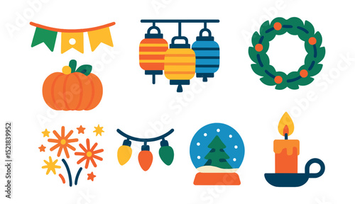 Flat vector icons of seasonal holidays and decor: spring garland, summer lanterns, autumn pumpkin, winter wreath, seasonal fireworks, holiday lights, snow globe, seasonal candle.