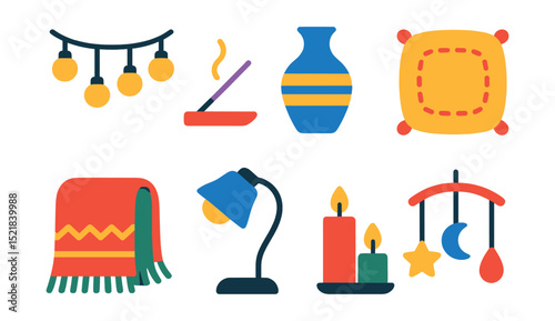 Flat vector icons of decorative and cozy touches: fairy lights, incense holder, decorative vase, floor cushion, cozy throw, reading light, candle set, hanging mobile.