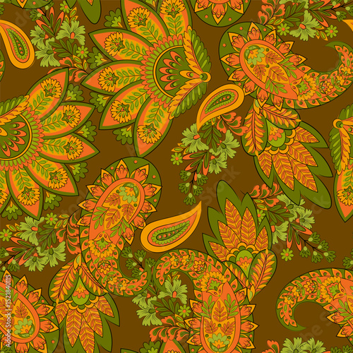Paisley vector seamless design flowers and leaves in a batik-inspired style. Vintage fabric backdrop