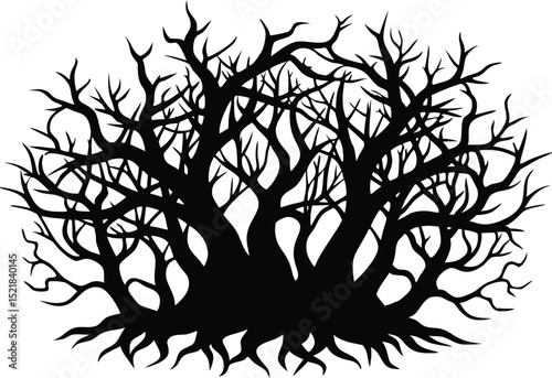 Black Silhouette of Tangled Forest, Mysterious Forest Silhouette Scene