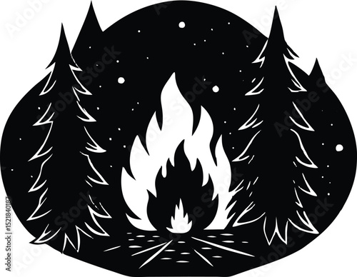 Silhouette of Campfire in Deep Woods, Night Campfire Silhouette in Forest