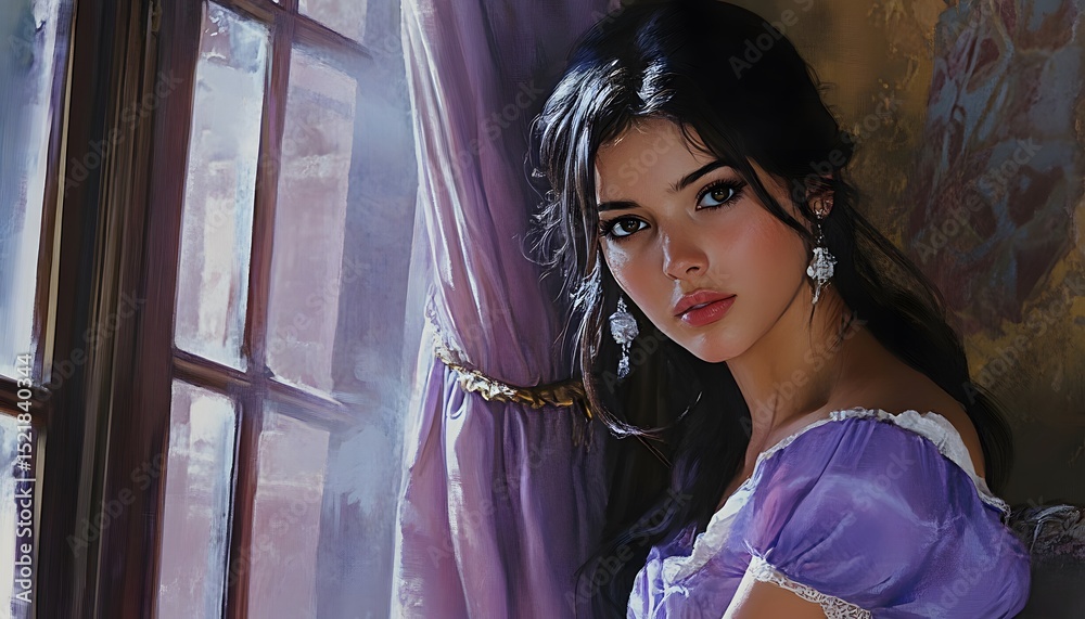 Fototapeta premium A young woman gazes out a window, dressed in a violet gown.