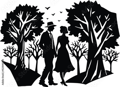 Silhouette of Couple Walking Among Trees, Romantic Forest Walk Silhouette