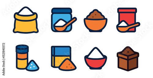 Flat vector icons of basic dry baking ingredients: all-purpose flour, granulated sugar, brown sugar, baking powder, baking soda, salt, cornstarch, cocoa powder.