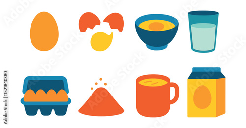 Flat vector icons of eggs and egg-based ingredients: whole egg, cracked egg, egg yolk in bowl, egg whites in glass, carton of eggs, powdered egg, beaten egg in cup, egg substitute box.