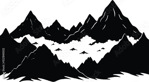 Silhouette of Distant Peaks With Morning Fog, Foggy Mountain Horizon Silhouette