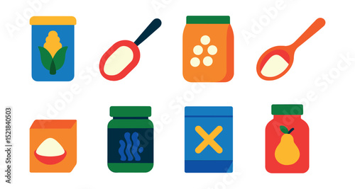 Flat vector icons of starches and thickeners: cornstarch container, arrowroot powder scoop, tapioca starch bag, potato starch spoon, gelatin powder, agar-agar jar, xanthan gum packet, pectin bottle.