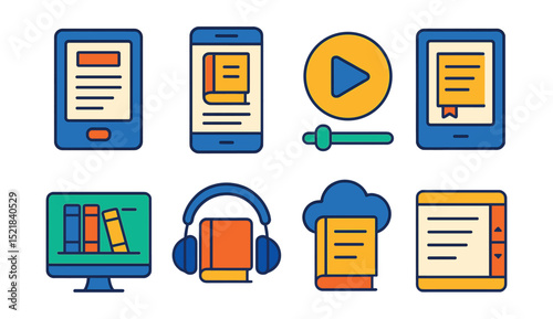 Flat vector icons of digital reading: e-reader device, mobile reading app, audiobook play icon, tablet with bookmark, online library, headphones with book, cloud-synced reading, screen scroll bar.