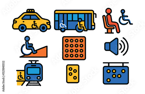 Flat vector icons of accessible transportation options: accessible taxi, low-floor bus, wheelchair ramp, priority seating, tactile paving, audio announcements, accessible train station, braille