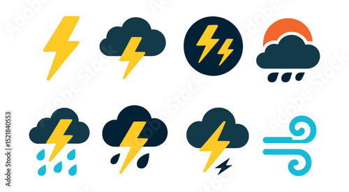 Flat vector icons of stormy weather: lightning bolt, thundercloud, dark sky, storm front, lightning and rain, severe storm icon, cloud with electric arc, high wind gust.