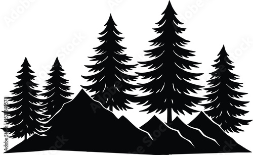 Silhouette of Evergreen Trees on Mountain Slope, Pine Trees Mountain Side Silhouette