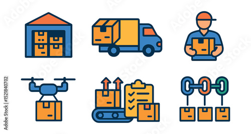Flat vector icons of e-commerce logistics: warehouse, packaging, delivery van, courier, drone delivery, sorting facility, inventory management, supply chain.