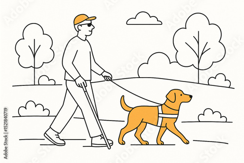  Blind man with guide dog walking in park – line art illustration on white background