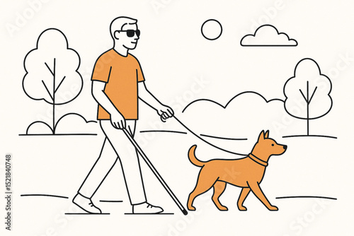  Blind man with guide dog walking in park – line art illustration on white background