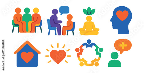 Flat vector icons of inclusion and mental health: support group, counseling, mindfulness, empathy, safe space, open heart, community circle, positive affirmations.