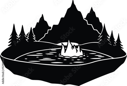 Silhouette of Hot Springs in Mountain Hollow, Steamy Forest Spring Silhouette