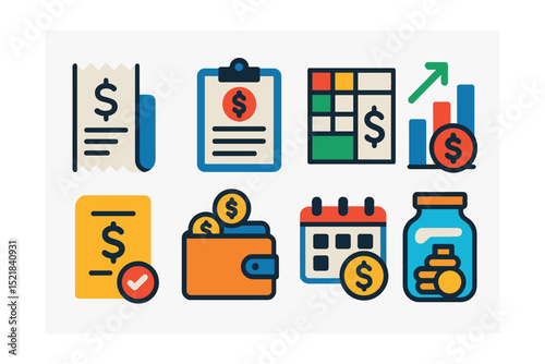 Flat vector icons of expense tracking and management: receipt, expense report, budget spreadsheet, cash flow chart, bill payment, wallet with coins, monthly expenses, savings jar.