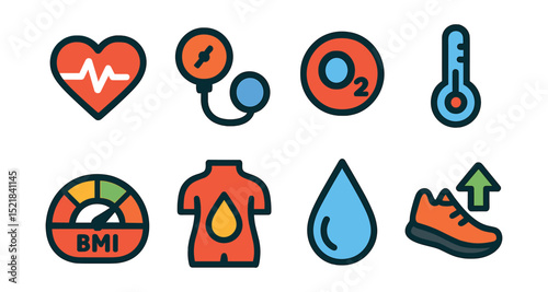 Flat vector icons of health metrics: heart rate, blood pressure, oxygen level, body temperature, BMI scale, fat percentage, hydration level, step goal.