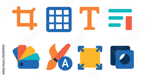 Flat vector icons of design software elements: crop tool, grid icon, font selector, alignment guide, color palette, brush settings, transform tool, layer mask.