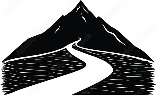 Silhouette of Path Up Mountain Slope, Climbing Trail Silhouette View