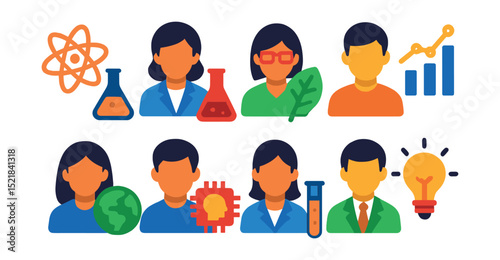 Flat vector icons of scientific careers and roles: physicist, chemist, biologist, data analyst, environmental scientist, AI researcher, lab assistant, innovation consultant.