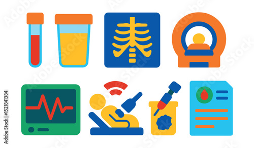 Flat vector icons of medical tests: blood test, urine test, X-ray, MRI, ECG, ultrasound, biopsy, lab report.