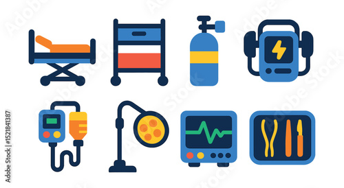 Flat vector icons of hospital equipment: hospital bed, medical cart, oxygen tank, defibrillator, infusion pump, surgical light, medical monitor, sterile tray.