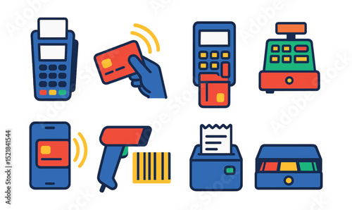 Flat vector icons of payment terminals: POS machine, contactless payment, chip card reader, cash register, mobile payment, barcode scanner, receipt printer, cash drawer.