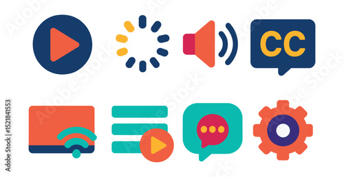 Flat vector icons of streaming media: play button, buffering circle, volume control, subtitles, screen casting, playlist, live chat, quality settings.