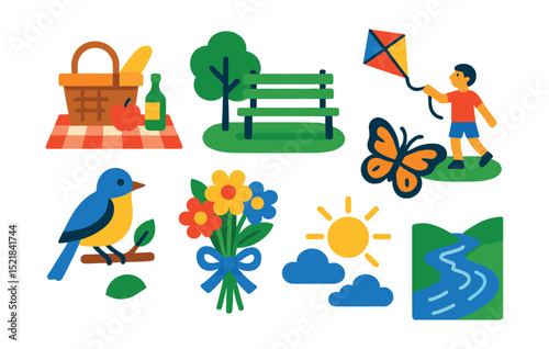 Flat vector icons of happiness in nature scenes: picnic, park bench, kite flying, butterfly, bird, flower bouquet, sunny day, clear river.