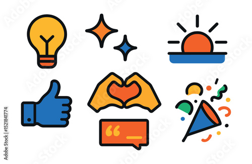 Flat vector icons of happiness and inspiration: light bulb, sparkles, rising sun, thumbs up, heart hands, motivational quote, smiley face, celebratory confetti.