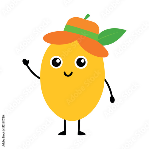 Cute Cartoon Mango Character Waving with a Hat and Leaf