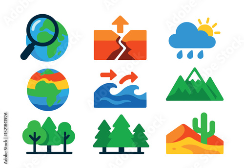 Flat vector icons of Earth sciences: globe with magnifying glass, tectonic plates, climate zones, weather patterns, ocean currents, mountain ranges, forest biomes, desert areas.