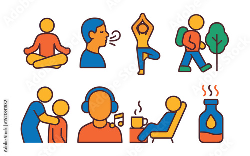 Flat vector icons of stress relief methods: meditation, deep breathing, yoga pose, nature walk, massage, listening to music, taking a break, aromatherapy.