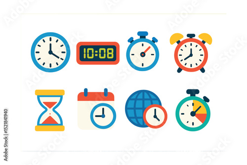 Flat vector icons of clocks and time: analog clock, digital clock, stopwatch, alarm clock, hourglass, calendar with clock, world clock, timer.