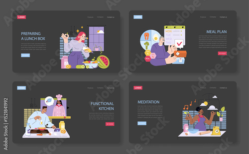 Preparing Meals and Meditation Vector Illustrations Set